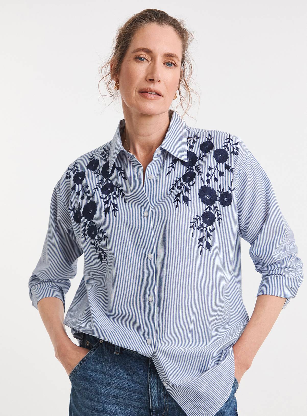 JD WILLIAMS Embroidered Blue Stripe Relaxed Shirt 20 - Image 1